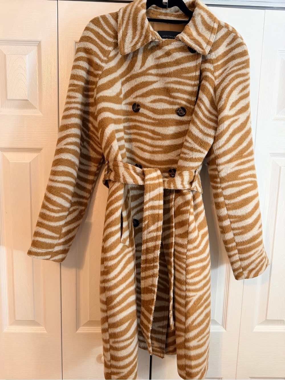 Ann Taylor Camel & Cream Zebra-Print Belted Wool-Blend Coat - Size M